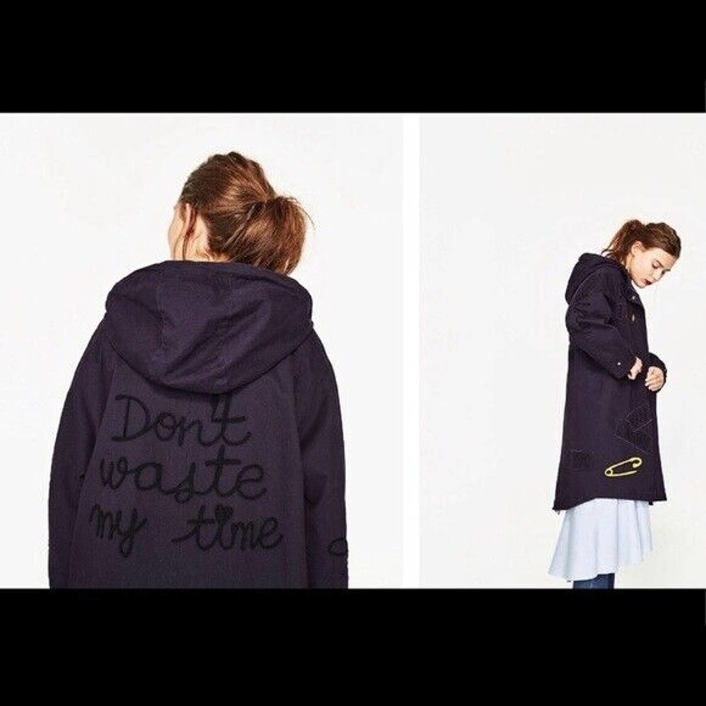 Zara Don't Waste My Time Navy Utility Jacket Size XS Patches Applique READ Rare